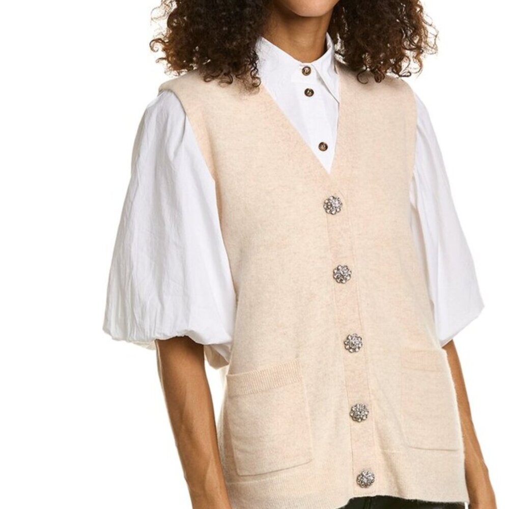 CRYSTAL-BUTTON SLEEVELESS CASHMERE CARDIGAN IN BRAZILIAN SAND Sz S